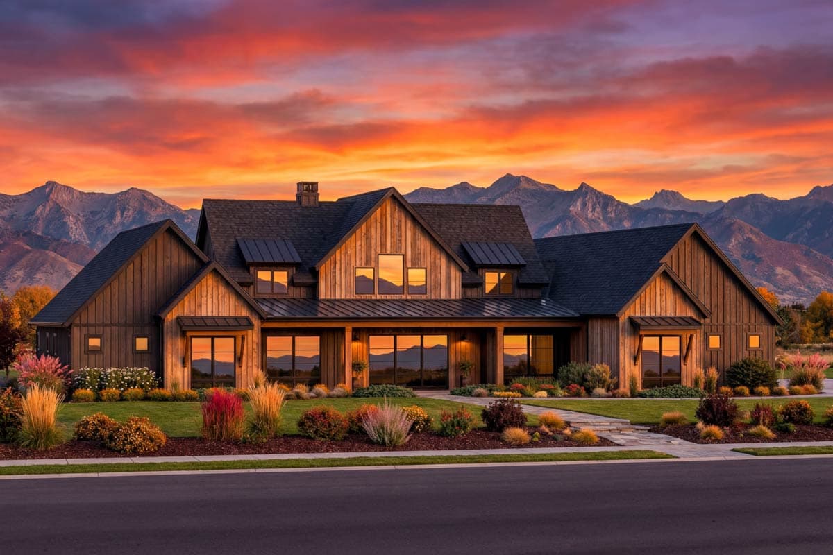 Modern Farmhouse house plan exterior with wood siding, multiple gables, and a wraparound porch with large windows.