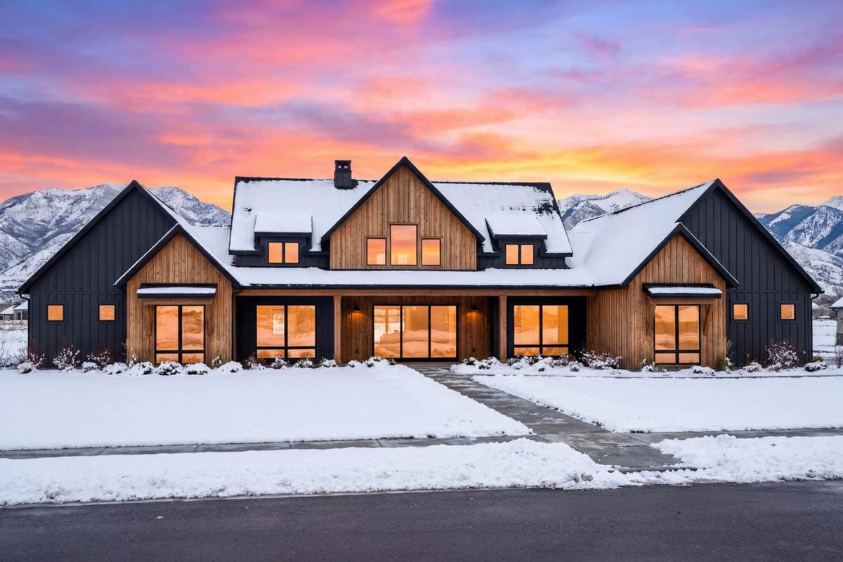 Modern farmhouse house plan exterior with wood siding, dark cladding, gables, and a covered porch in winter.