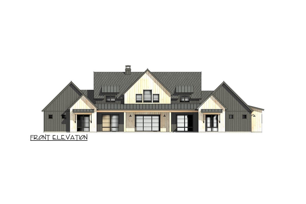 Front elevation of a modern farmhouse house plan featuring asymmetrical gables, metal roof, and large glass garage doors.