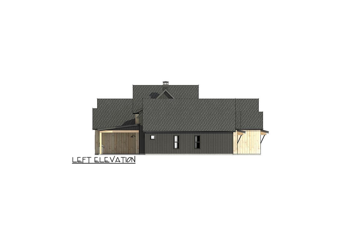 Left elevation of a house plan featuring varied rooflines, gables, a covered entry, and horizontal siding.