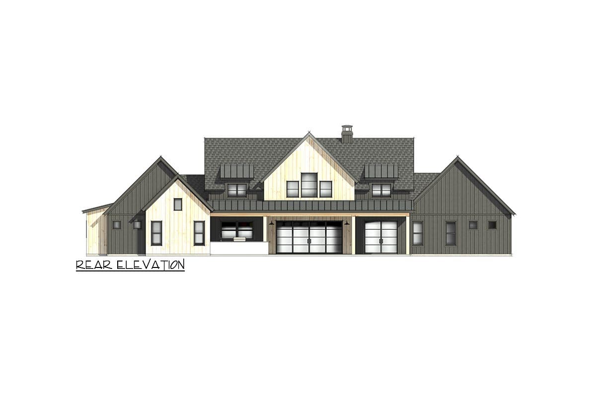 Rear elevation drawing of a Modern Farmhouse with multiple gables, standing seam metal roof, and glass garage doors.
