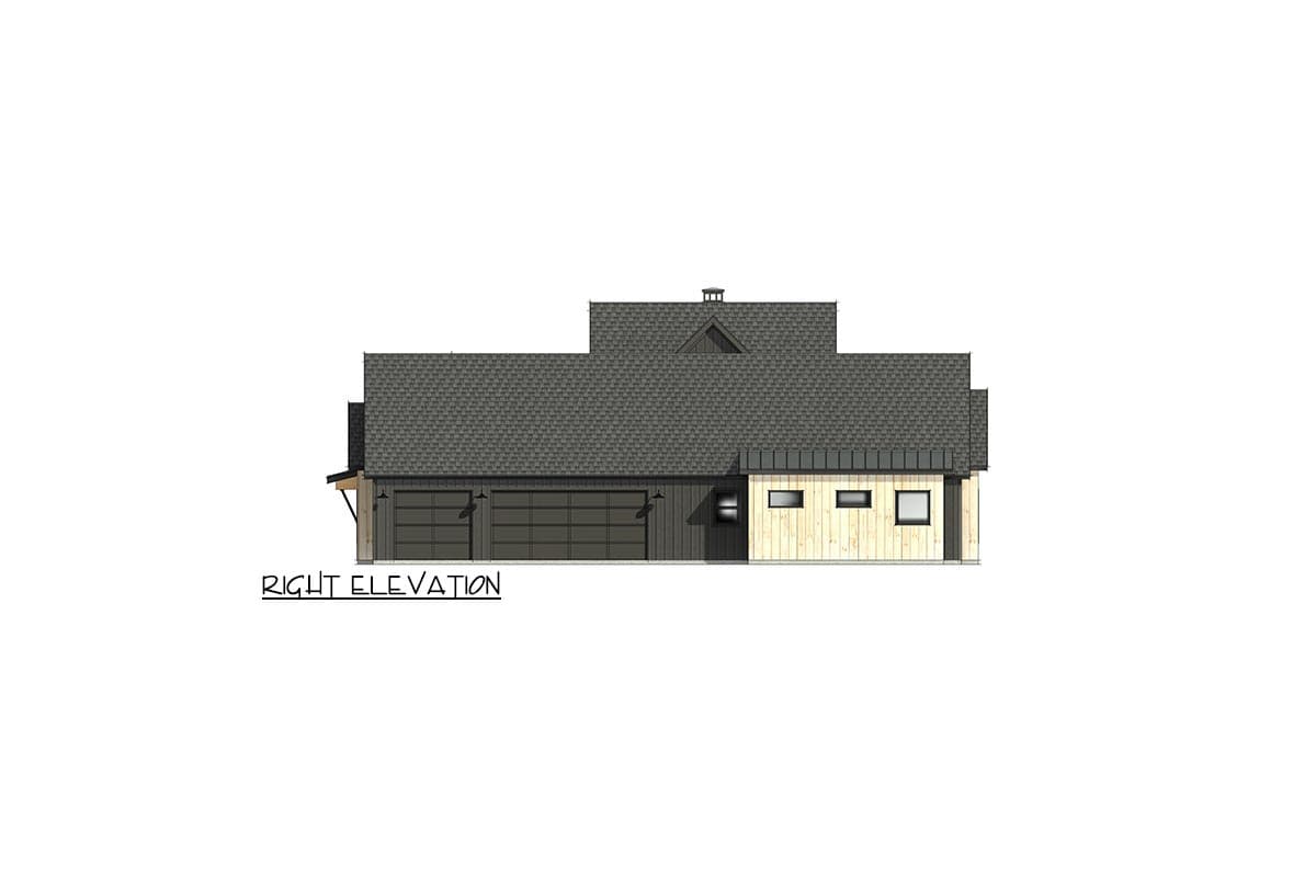 Right elevation house plan showing two garage doors, a gabled dormer, and wood-paneled siding.