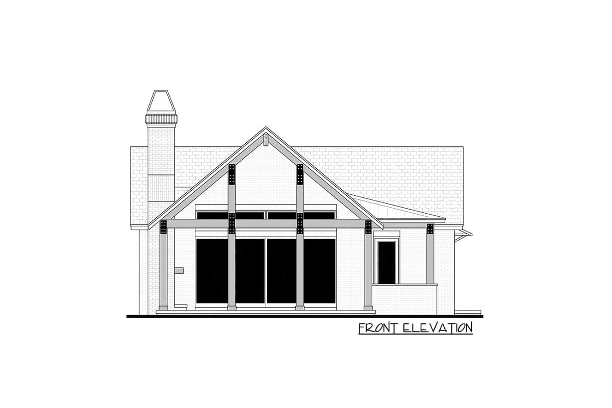 Front elevation drawing of house plan featuring a gabled roof, large windows, exposed beams, and a chimney.
