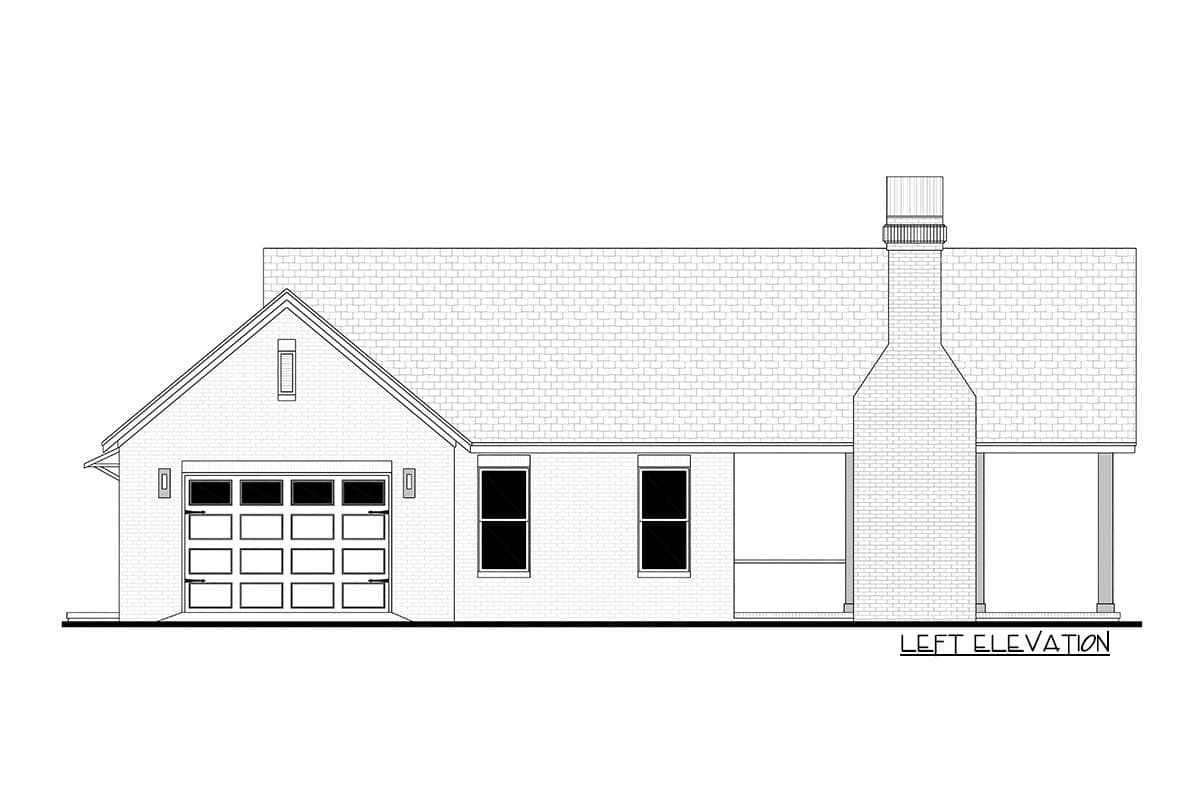 Left elevation of a house plan showing a brick garage with multi-pane door, windows, and a prominent brick chimney.