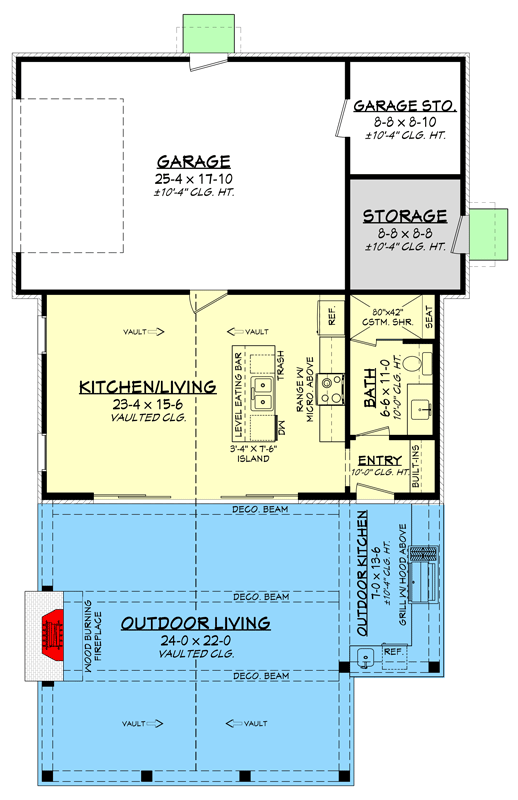 Plan 51932HZ: Rustic Pool House Plan with 1-Car Garage and Outdoor Living - Floor Plan - Main Level - Country, Craftsman, Rustic, Southern, Traditional