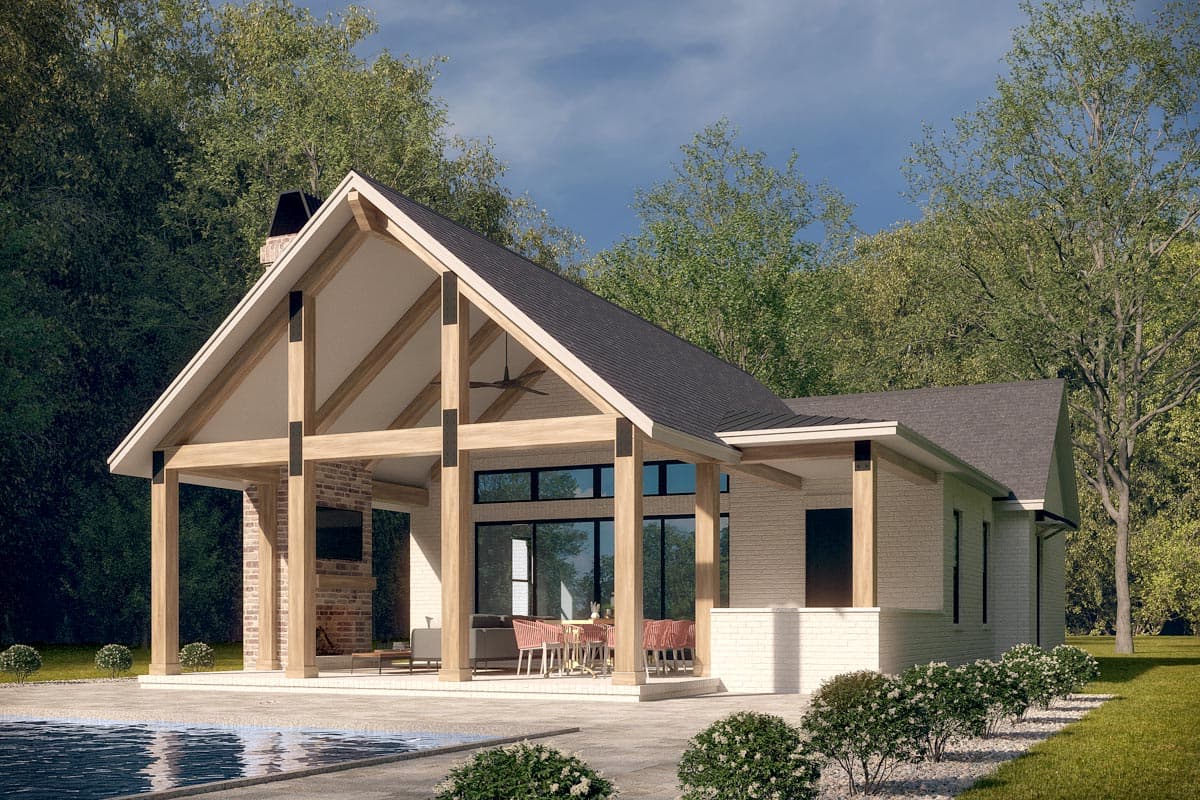 House plan exterior. Modern farmhouse style with gabled roof, exposed timber framing on the porch, and brick fireplace.