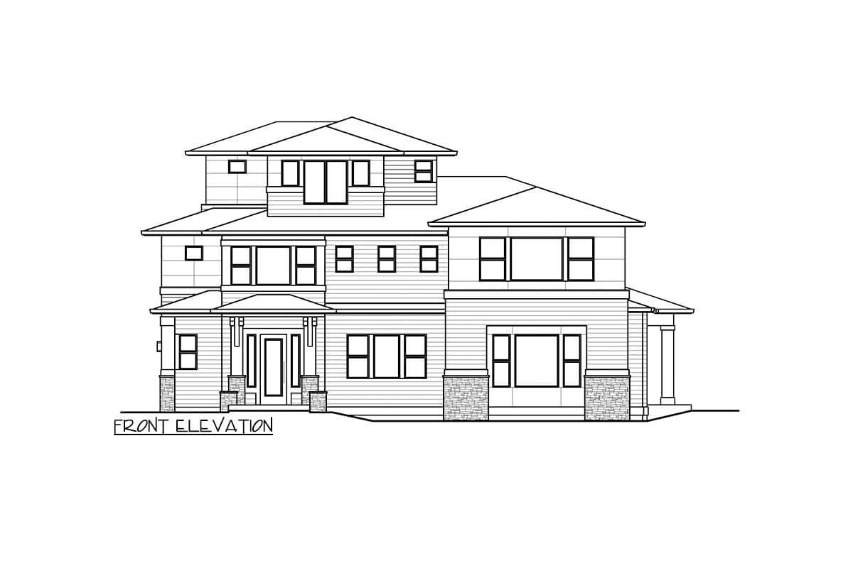 Front elevation drawing of a multi-story house plan with varied rooflines, stacked windows, and stone-accented supports.