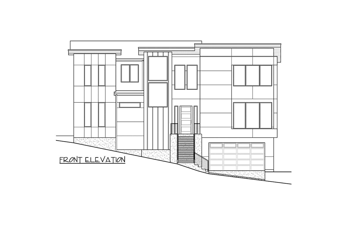 Front elevation drawing of a two-story modern house plan with multiple windows, a central entrance, and a two-car garage.
