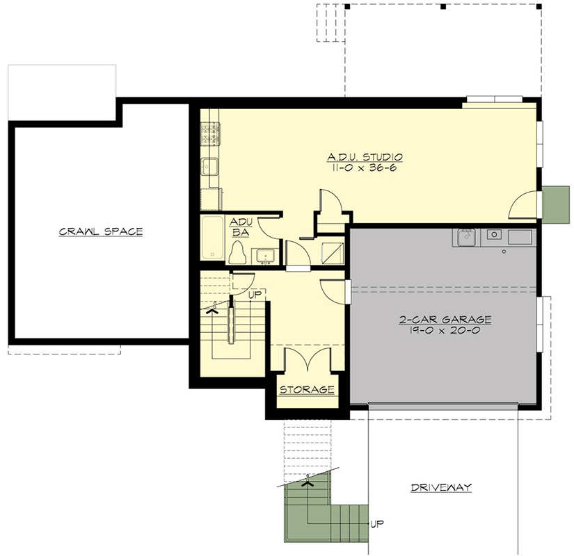 Plan 23162JD: 5-Bed Modern House Plan with 1-Bed ADU Below - Floor Plan - Lower Level - Contemporary, Modern, Northwest
