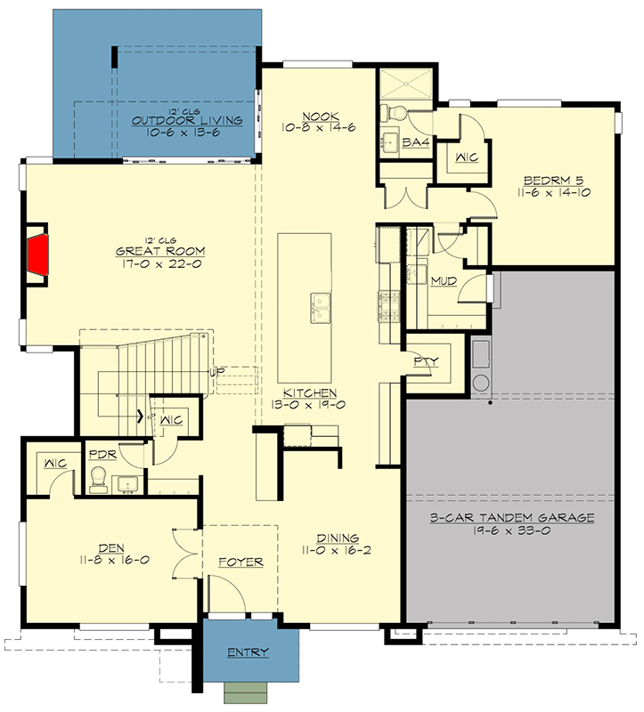 Plan 23168JD: Contemporary 2-Story Home Plan with 3-Car Tandem Garage - 4264 Sq Ft - Floor Plan - Main Level - Contemporary, Mid Century Modern, Modern, Northwest