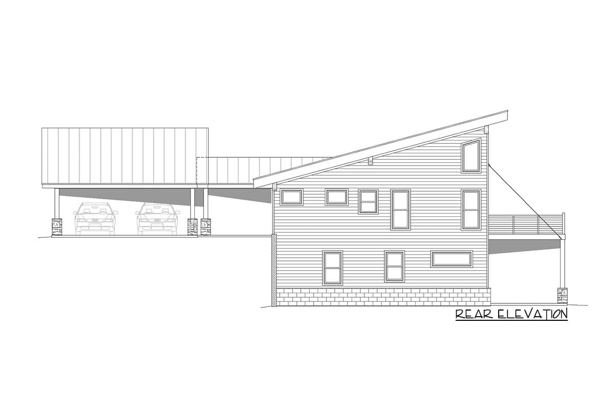 Rear elevation of a two-story house plan with a carport, deck, and angled roofline.
