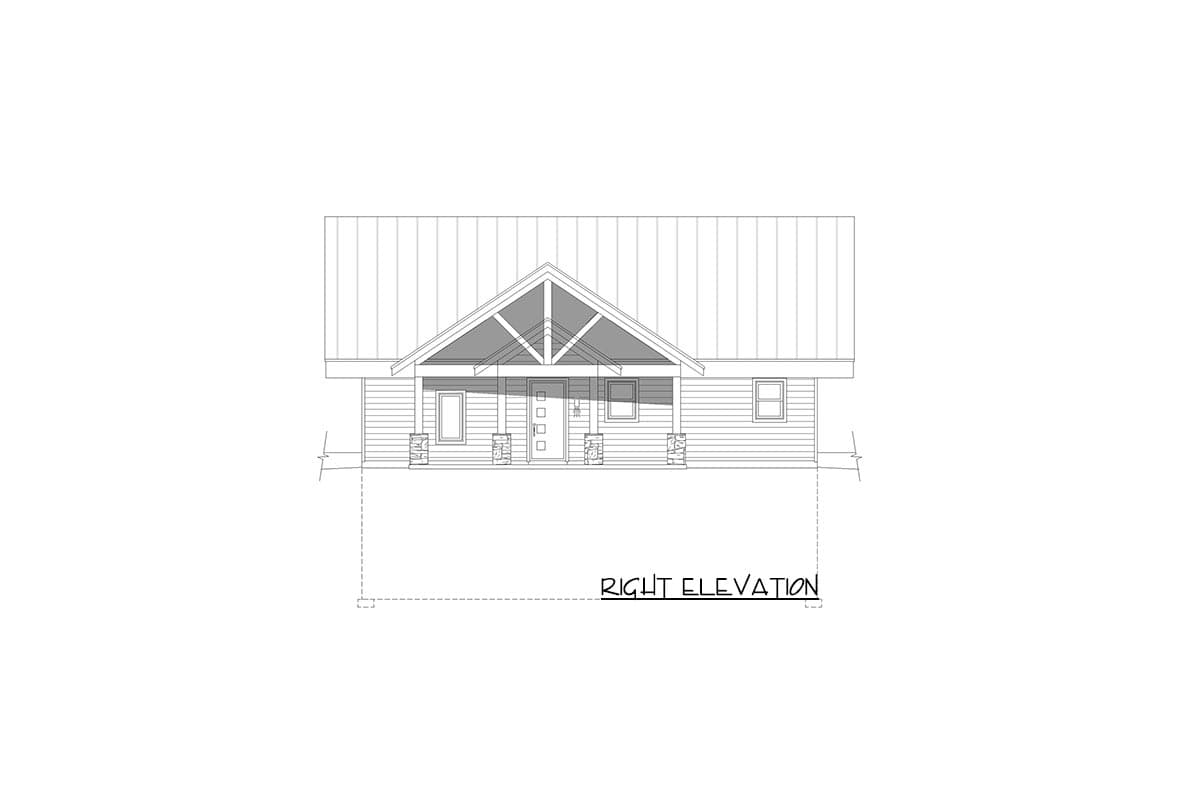 Right elevation house plan showing a single-story home with a covered front porch, gabled roof, and stone-clad porch columns.