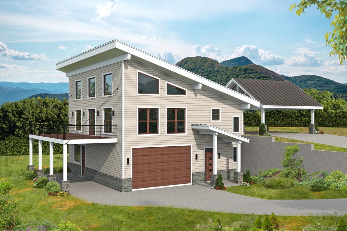 House plan exterior. Two-story modern house with a sloping roof, cantilevered balcony, and attached garage. Includes a carport with a metal roof.