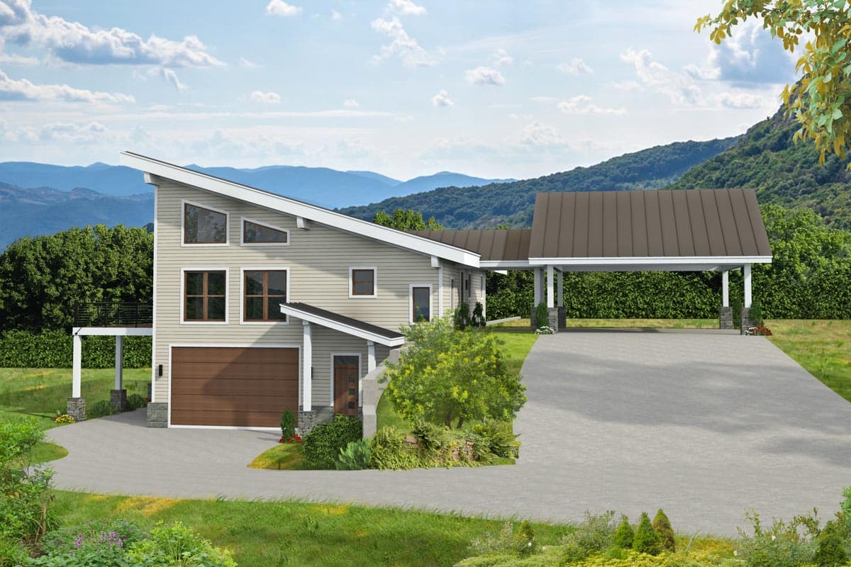 House plan exterior: Two-story contemporary design with asymmetric roof, prominent garage, and attached carport.