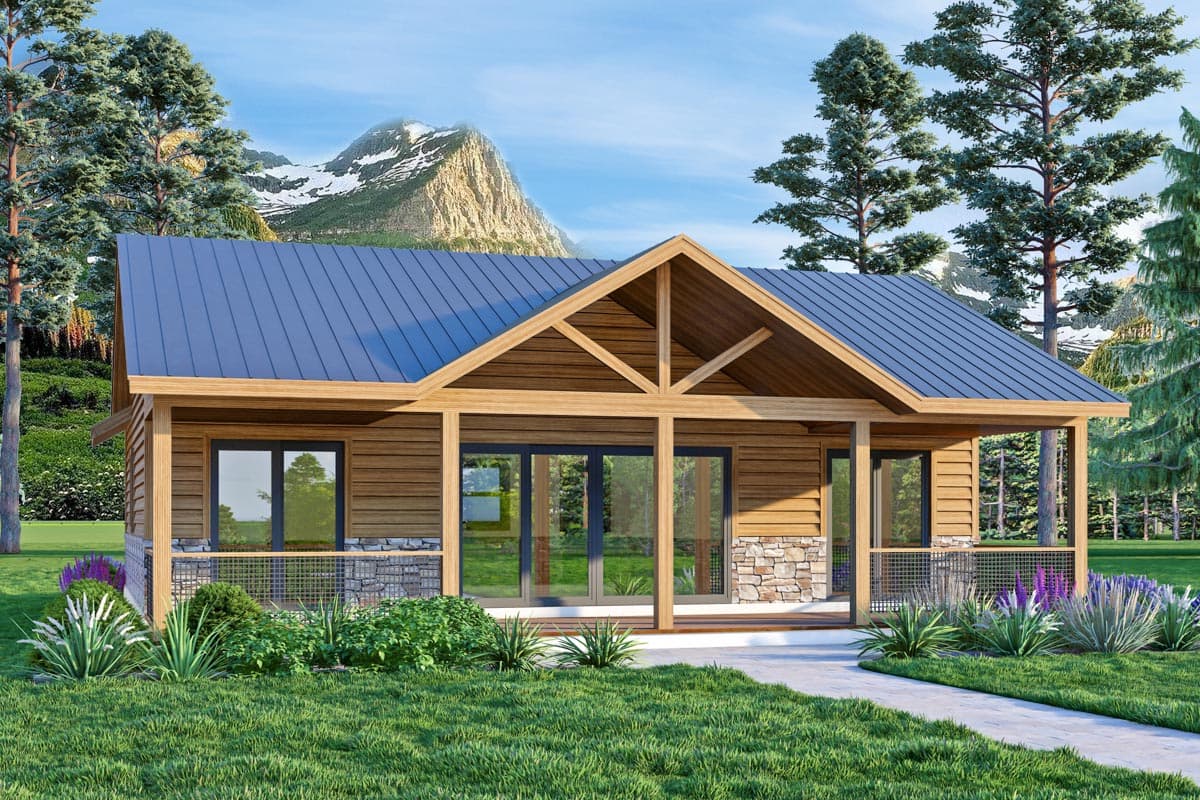 House plan exterior with wood siding and a gable roof. Features include a covered porch with stone accents, a metal roof, and large windows.