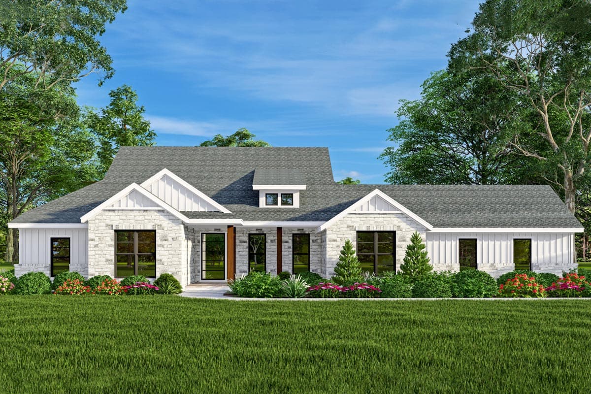 House plan exterior rendering. Modern farmhouse style with gabled roof, stone and siding facade, and multiple windows.