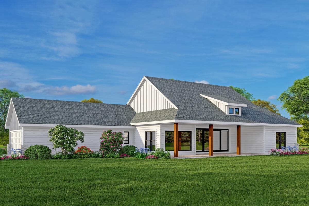 Modern Farmhouse house plan exterior with board and batten siding, a covered porch, and multiple gables.