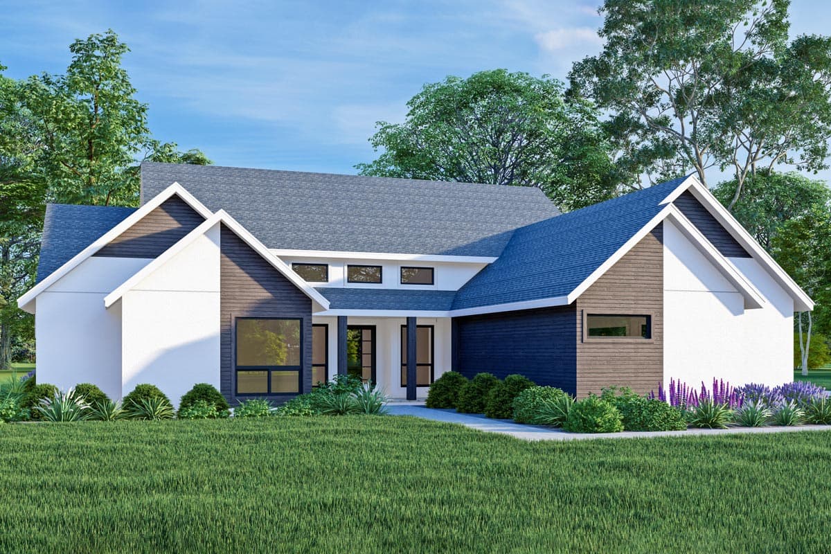 House plan exterior with modern style, featuring a low-pitched roof, gabled rooflines, and a covered entry. Includes dark siding and large windows.