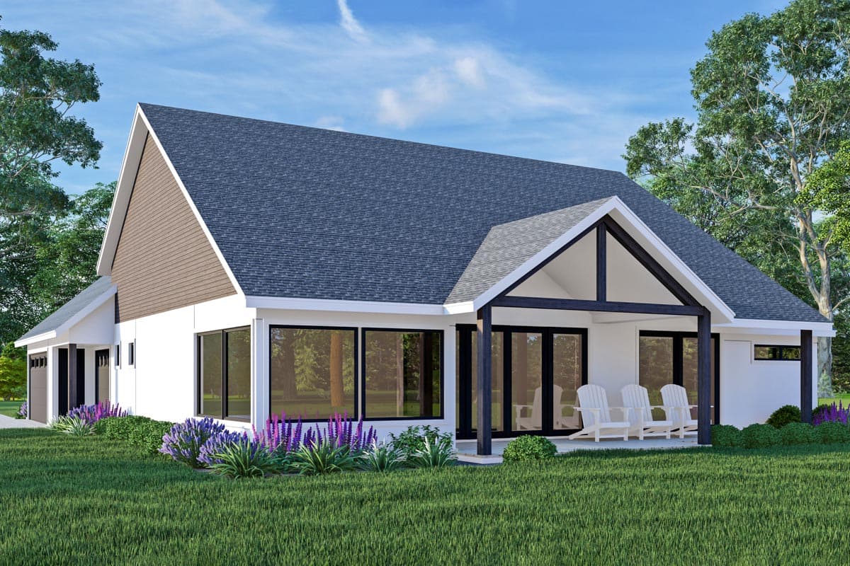 Modern house plan exterior with a gabled roof, covered porch with exposed beams, large windows, and a three-car garage.
