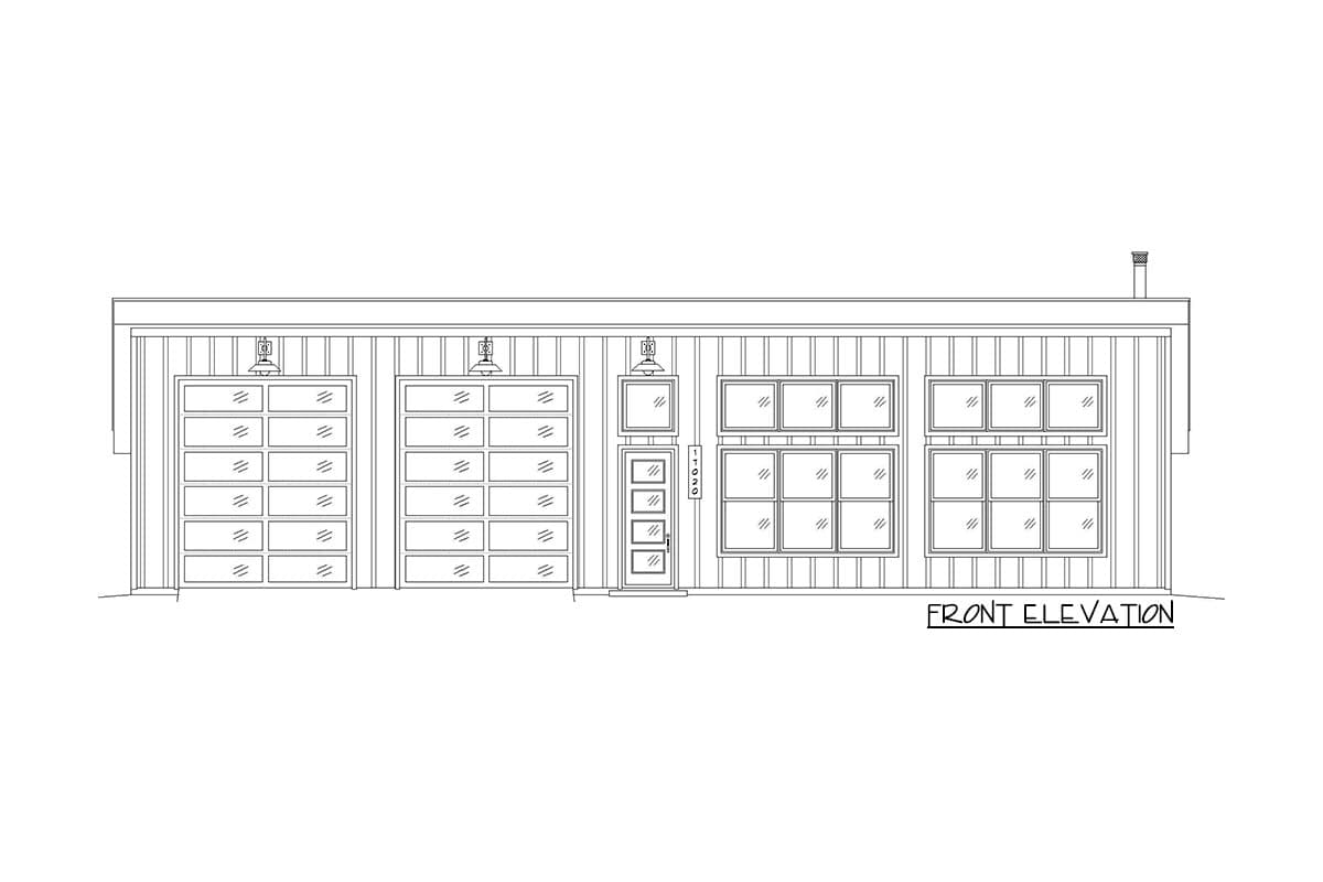 Front elevation drawing of a house with two large garage doors, a central entry door, and multiple windows.