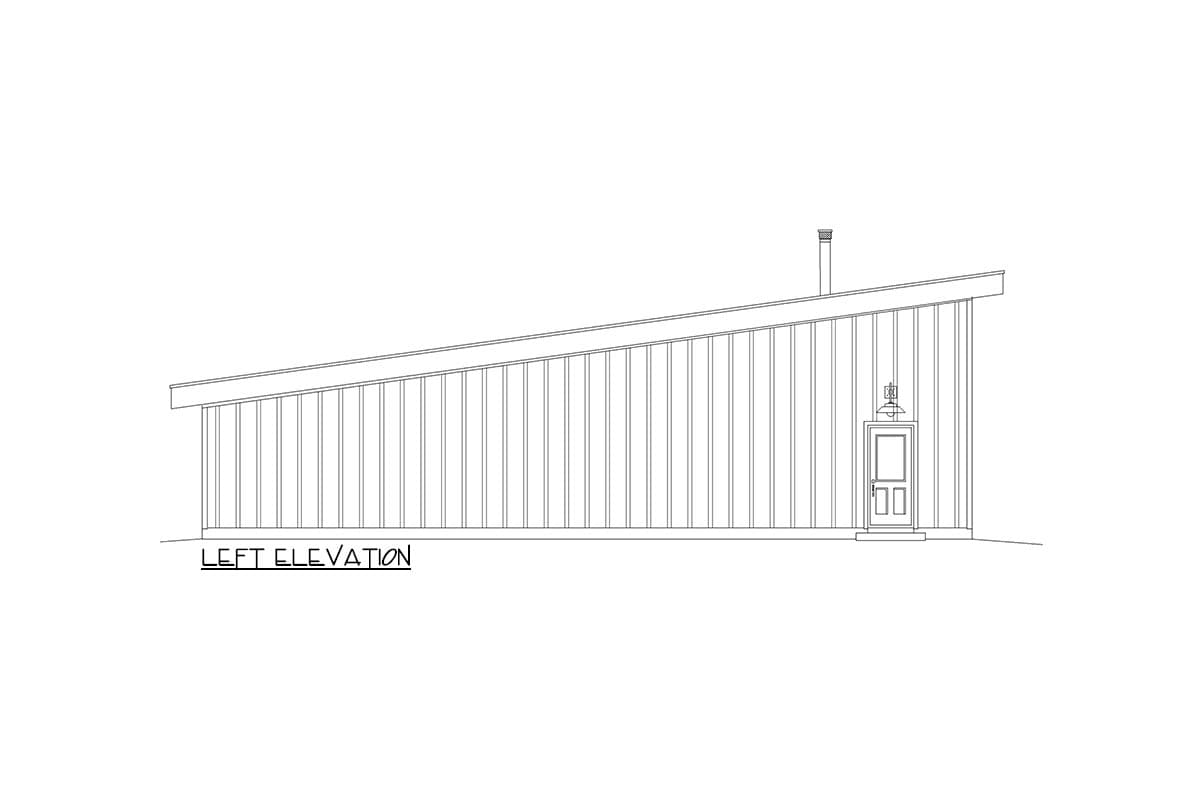 Left elevation house plan showing a single-story building with a shed roof, vertical siding, a chimney, and a front door with a light fixture.