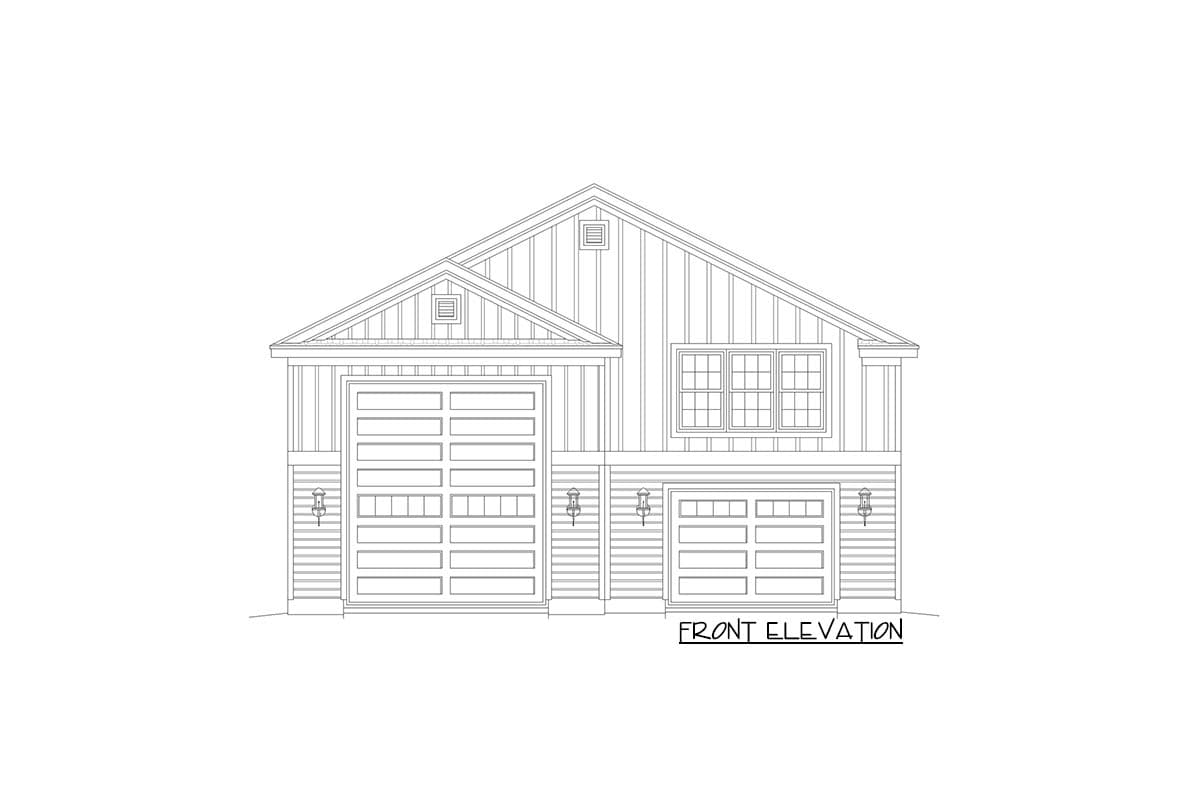 Front elevation drawing of a one-story house plan with two garage doors, one large and one small, and a gable roof.