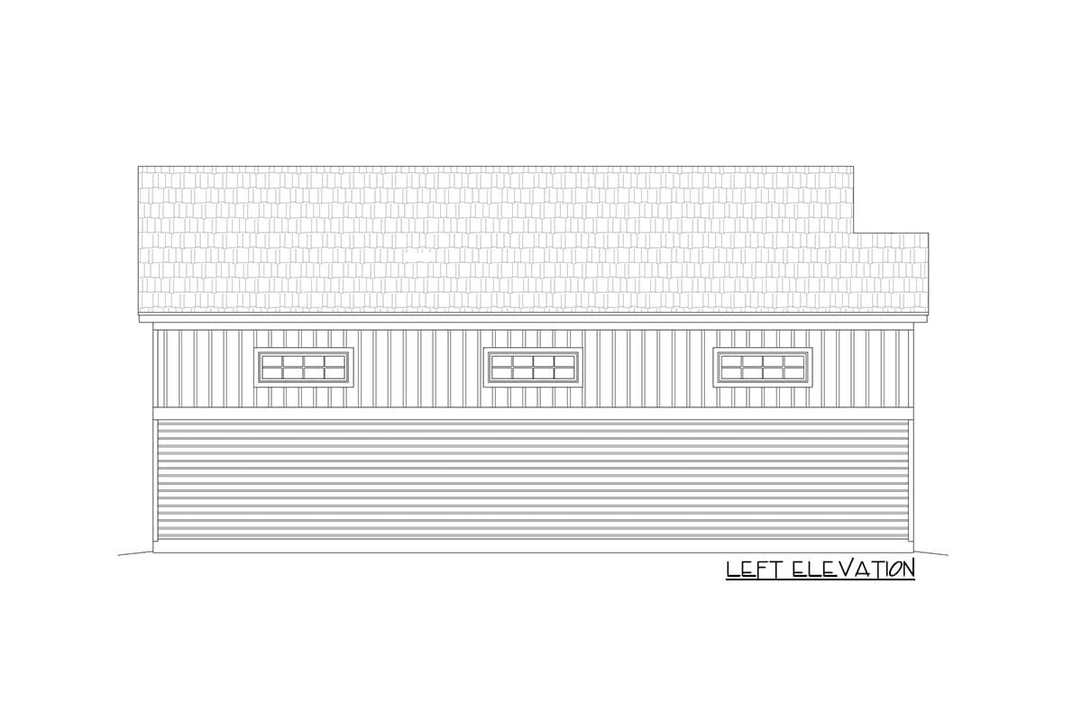 Left elevation drawing shows a house plan with horizontal siding, three small rectangular windows, and a shingled roof.