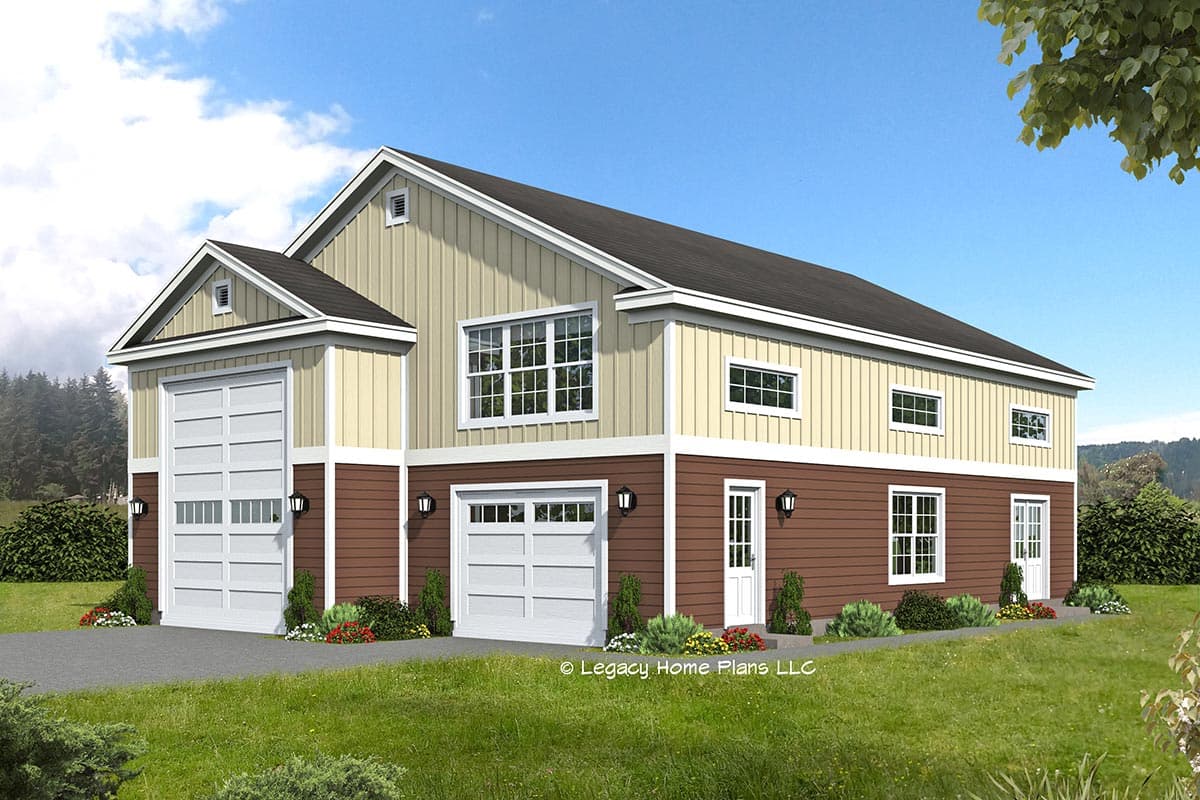 House plan exterior. Two-story structure with gable roof. Includes two garage doors, horizontal and vertical siding, and multiple windows.