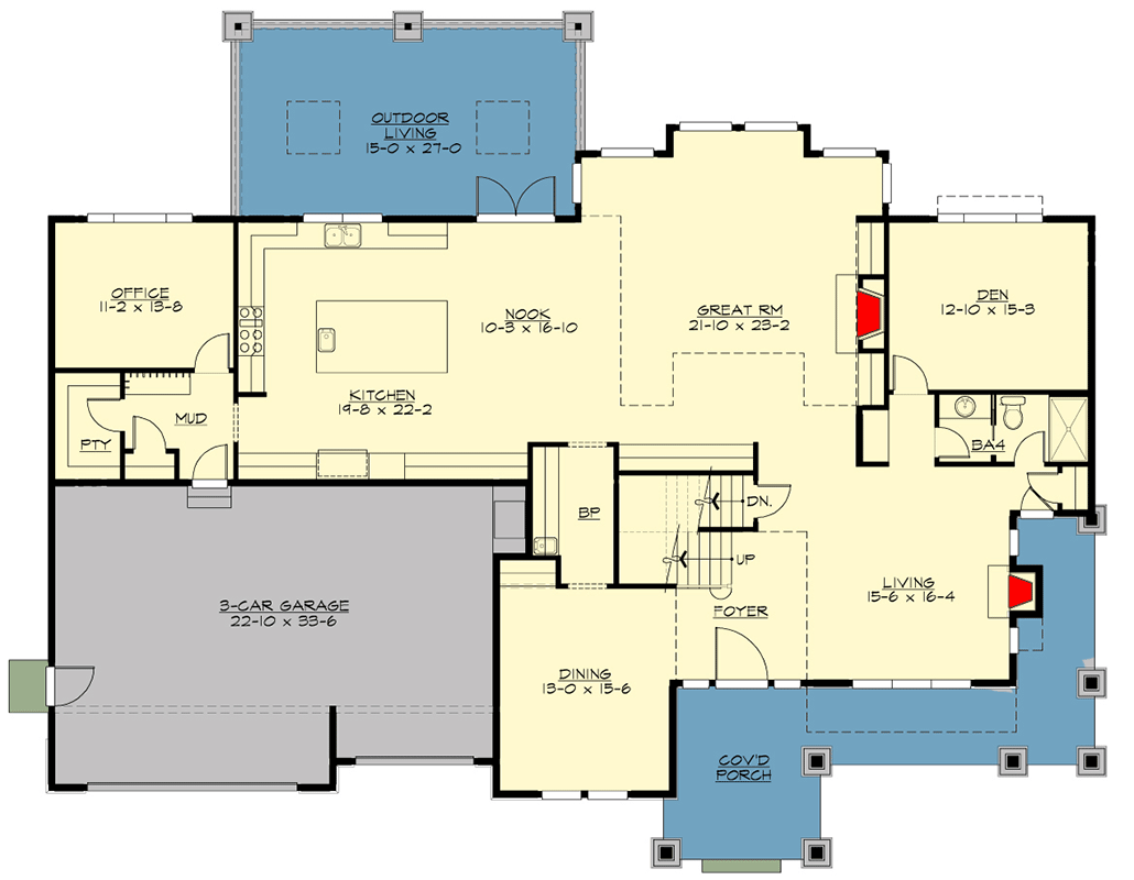 Plan 23223JD: Deluxe New American House Plan with 5th Bedroom Potential in the Daylight Basement - Floor Plan - Main Level - Craftsman, New American, Northwest, Traditional