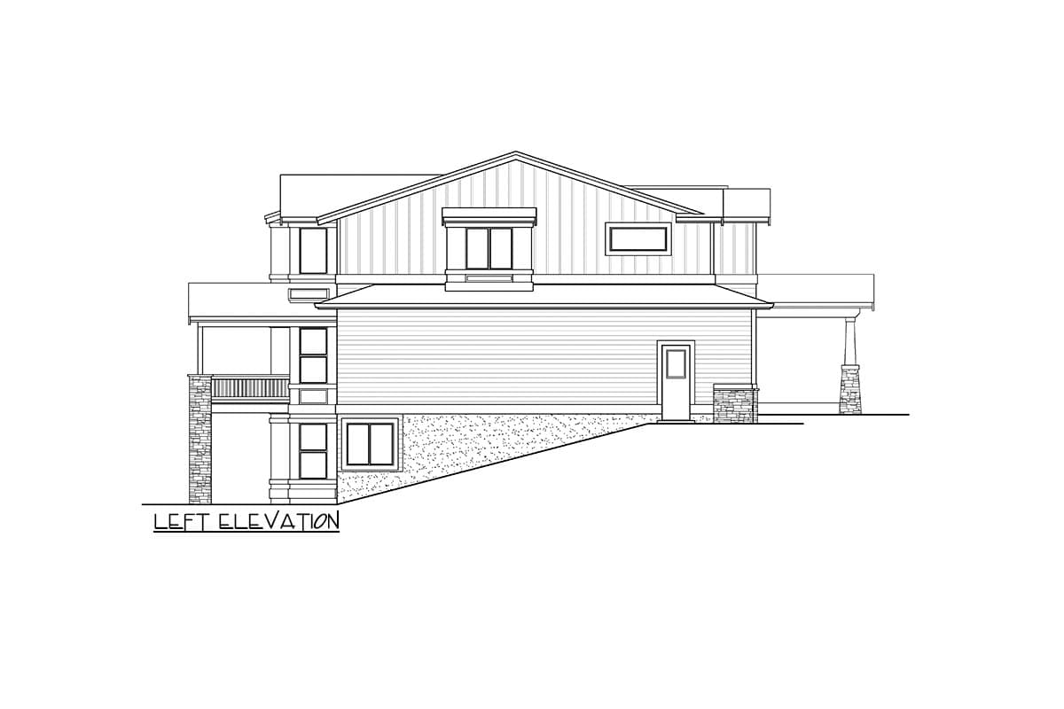 Left elevation house plan with multiple gables, covered porch, and stone accents on sloped terrain.