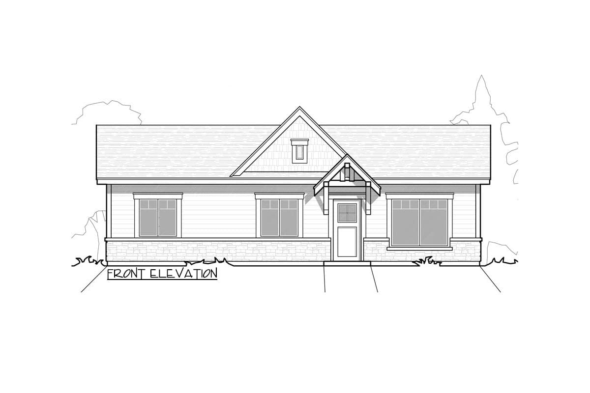 Front elevation drawing of a one-story house with a gable roof, stone foundation, and a covered entry porch.