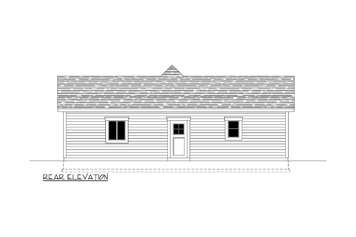 Rear elevation drawing of a single-story house with a centered door and two windows.