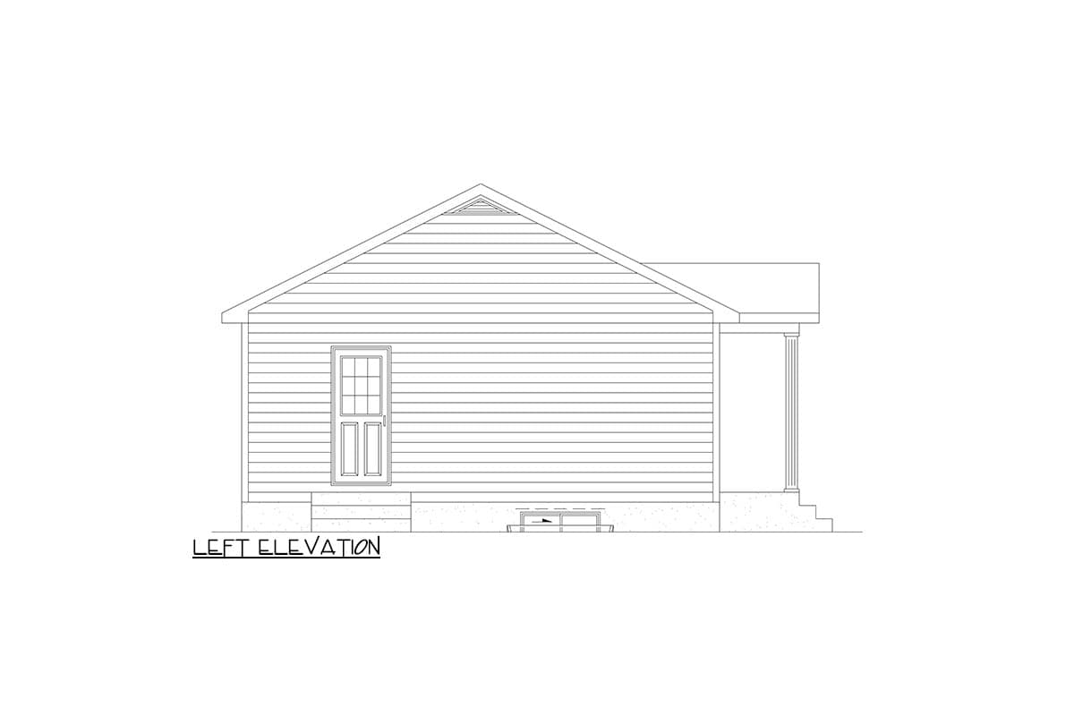 Left elevation drawing of a one-story house with a gable roof, siding, door with glass panes, and a small porch.