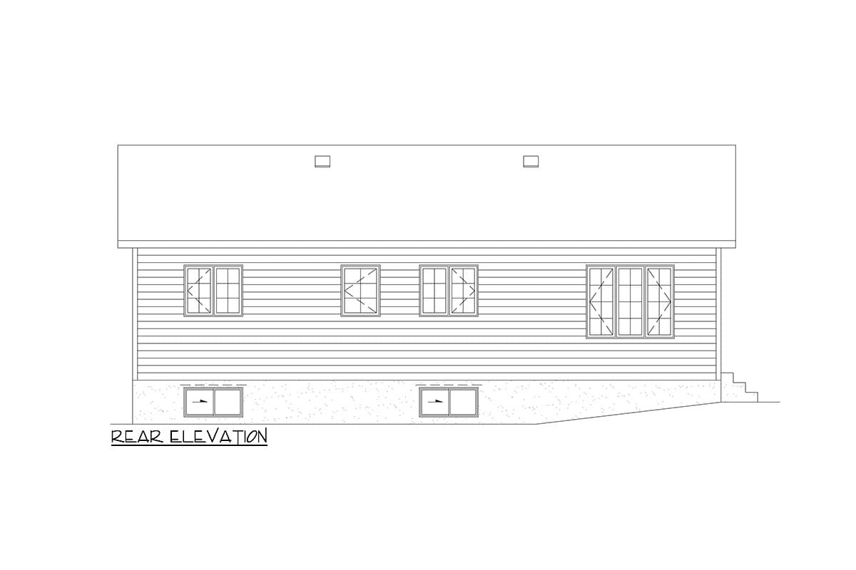 Rear elevation drawing of a house with horizontal siding, five windows on the main level, and two windows in the foundation.
