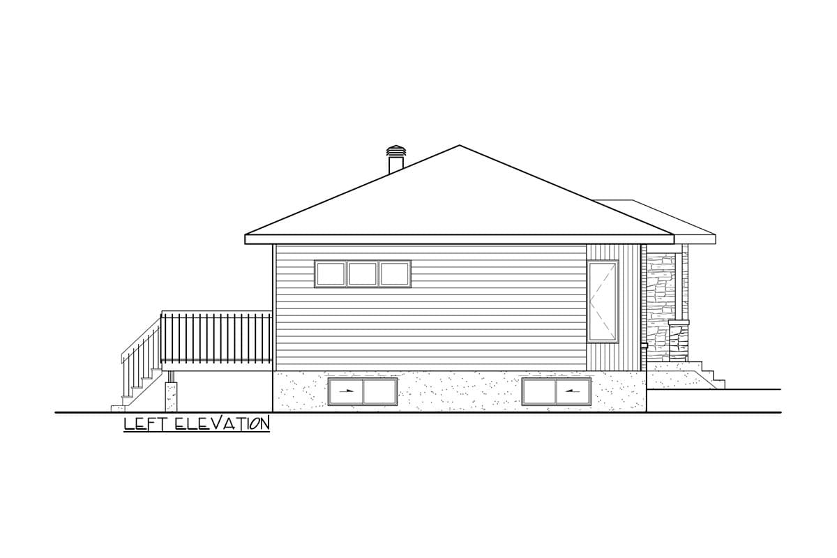 Left elevation drawing of a single-story house with a deck, triple windows, and stone-clad entryway.