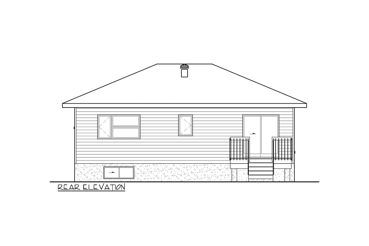 Rear elevation drawing of a single-story house with horizontal siding, hip roof, two windows, and a sliding glass door with stairs.
