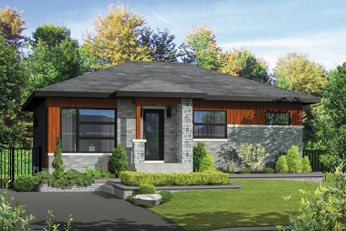 House plan exterior with a single story, flat roof, and stone facade. Features include a covered entry and wood accents around windows.
