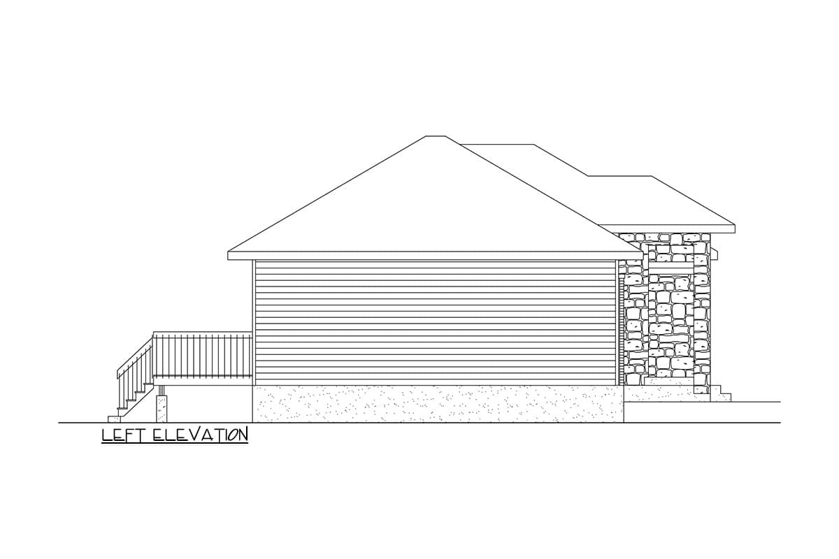 Left elevation drawing of a house plan featuring horizontal siding, a stone accent wall, and a deck with stairs.