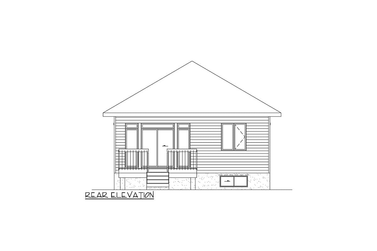 Rear elevation drawing of a one-story house with a gable roof, sliding doors, porch, and windows.