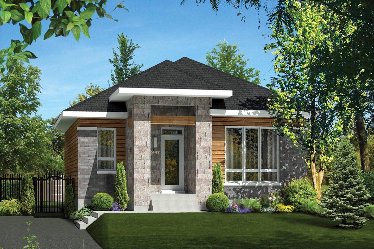 House plan exterior. One-story modern home with stone and wood siding, flat roof, and covered entry. Features large windows and a decorative beam.