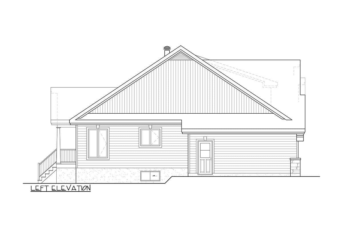 Left elevation drawing of a house plan with a prominent gable end, pitched roof, siding, and two windows.