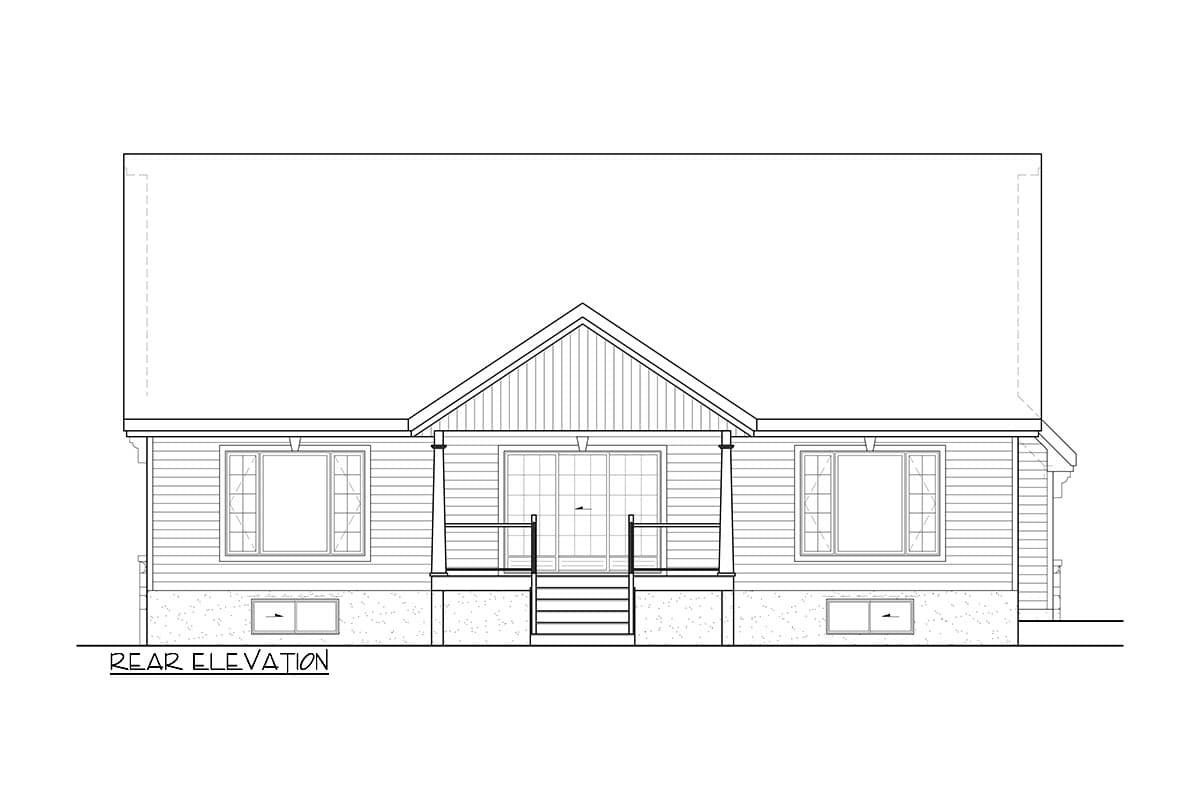 Rear elevation drawing of a house with a prominent gable roof, centered sliding doors, covered porch, and two windows on each side.