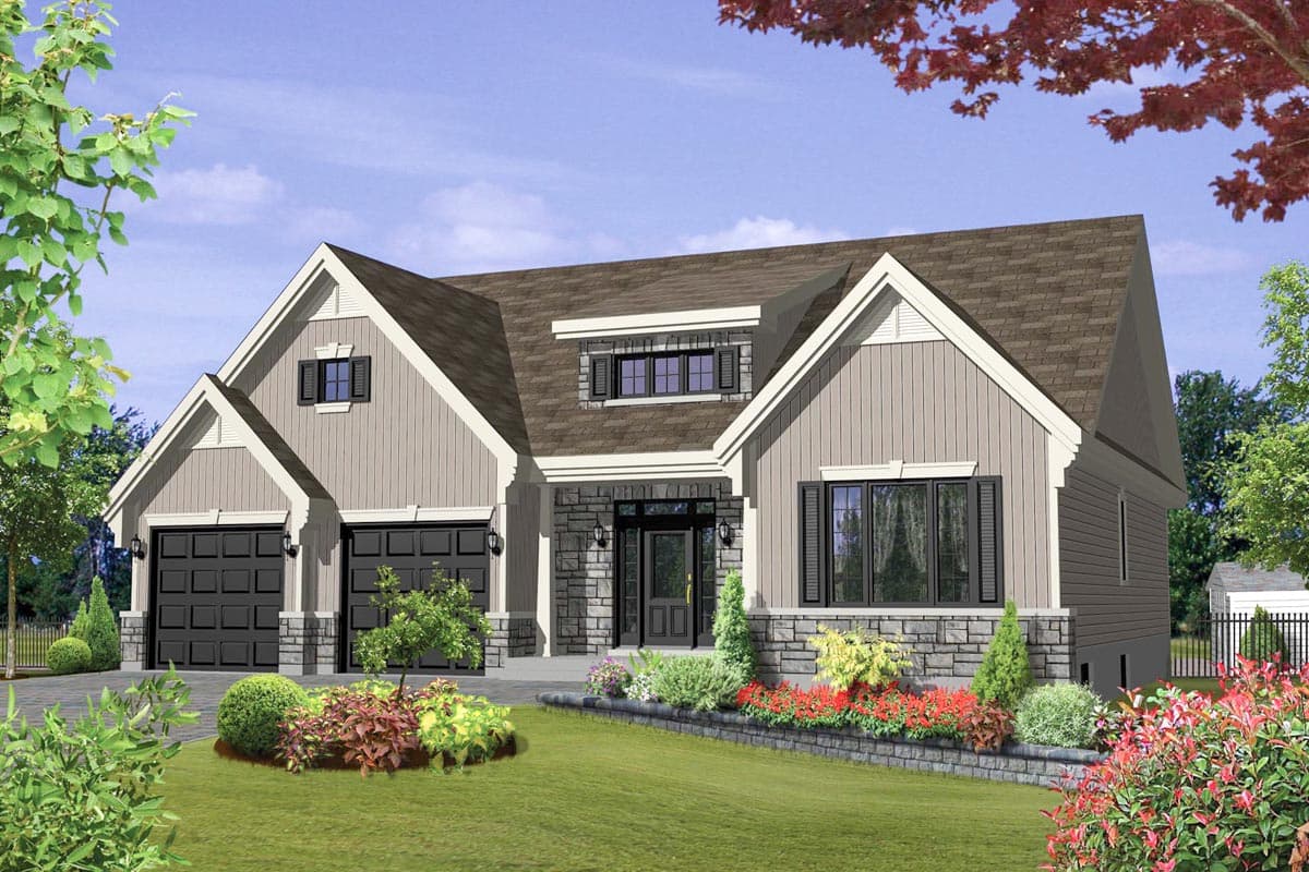 House plan exterior. Two-story Modern Farmhouse with gables, stone accents, and a two-car garage. Dormer and window shutters are also visible.