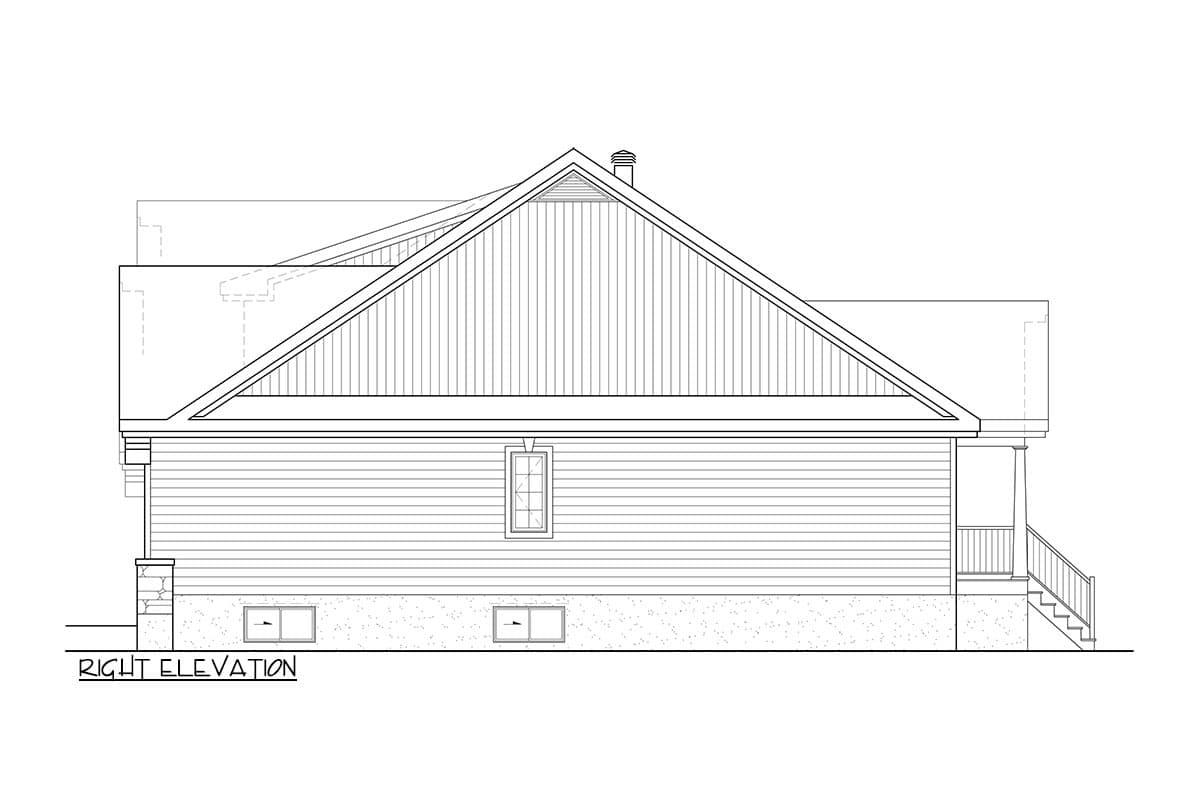 Right elevation drawing of a house plan showing gabled roof, siding, a porch with stairs, and basement windows.