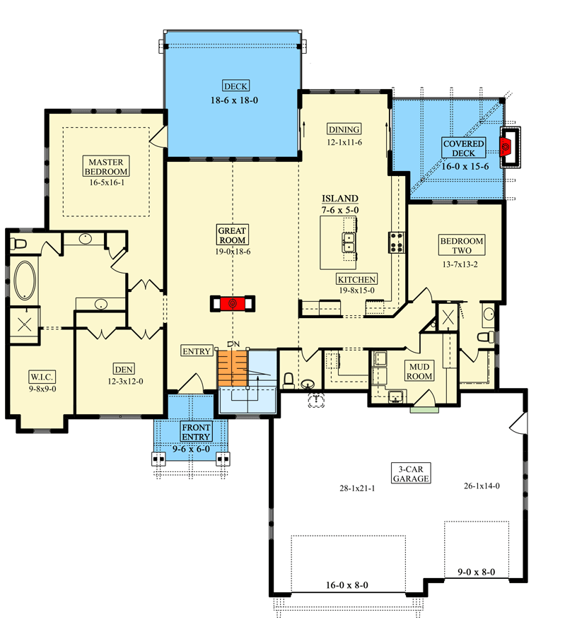 Plan 95197RW: Modern Farmhouse Plan Under 2600 Square Feet with Optionally Finished Lower Level - Floor Plan - Main Level - Country, Farmhouse, Modern Farmhouse, Mountain, New American, Ranch
