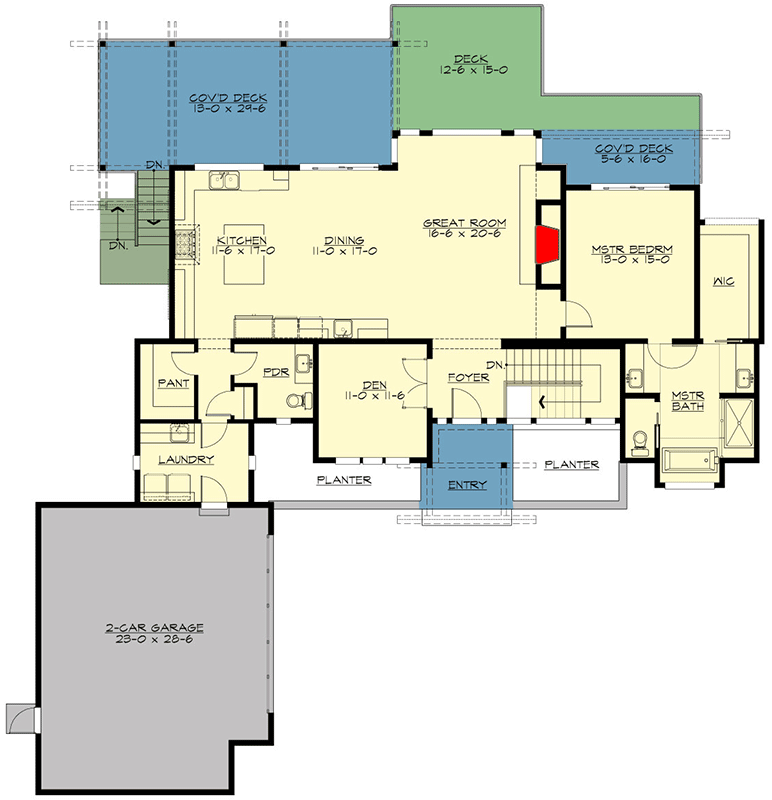 Plan 23340JD: Modern Mountain House Plan with 4 Beds and a Fully Finished Lower Level - 3333 Sq Ft - Floor Plan - Main Level - Mid Century Modern, Modern, Mountain
