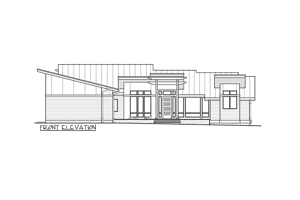 Front elevation drawing of a modern house with a prominent covered entryway, large windows, and a multi-level roof.