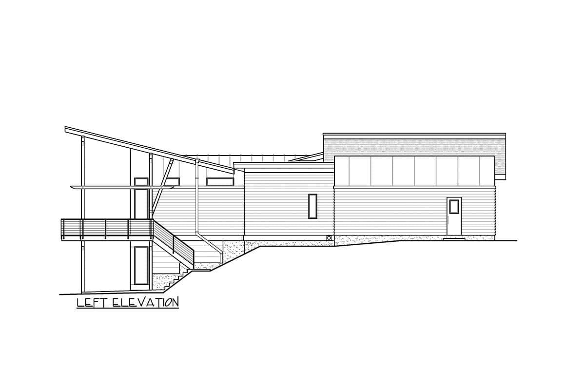 Left elevation drawing of a multi-level house with a sloped roof, exterior stairs, deck, and horizontal siding.