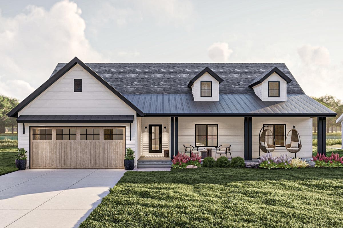 House plan exterior. Modern Farmhouse style with two dormers, covered porch, and a gable roof over the garage. Features a metal roof.