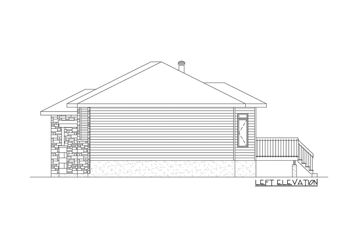 Left elevation of house plan, showing stone accent, horizontal siding, gabled roof, and deck with railing.